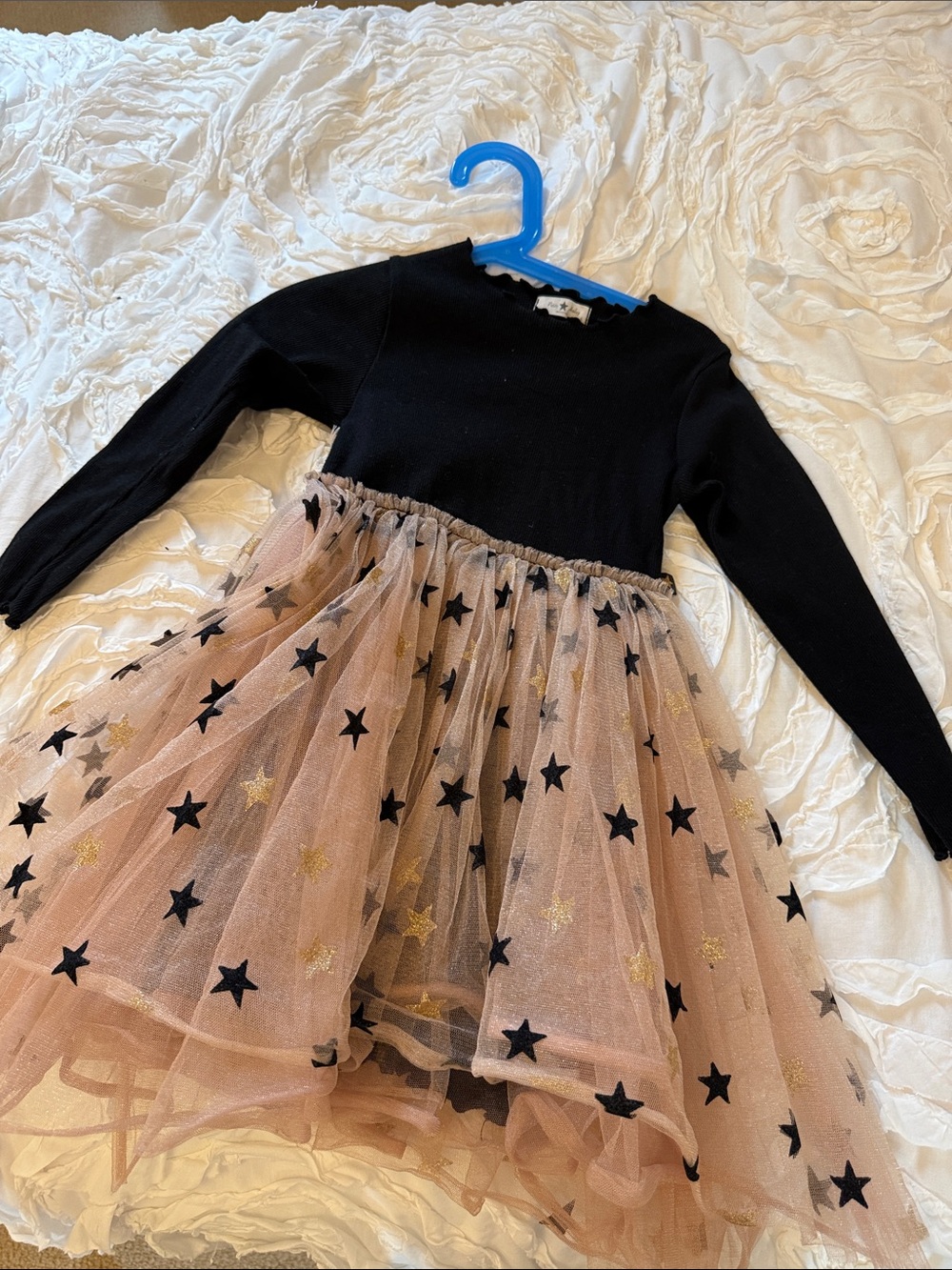 Girls Black Knit Bodice with Blush Star Tulle Skirt Formal Dress